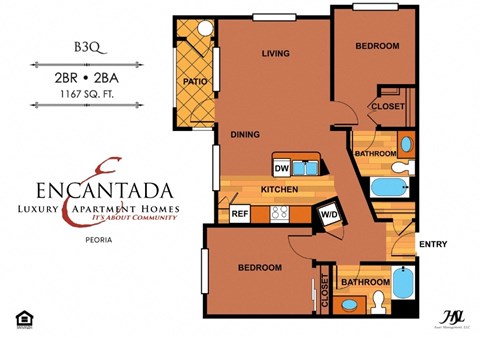 Floor plan for 2 beds, 2 baths, 1101 sqft